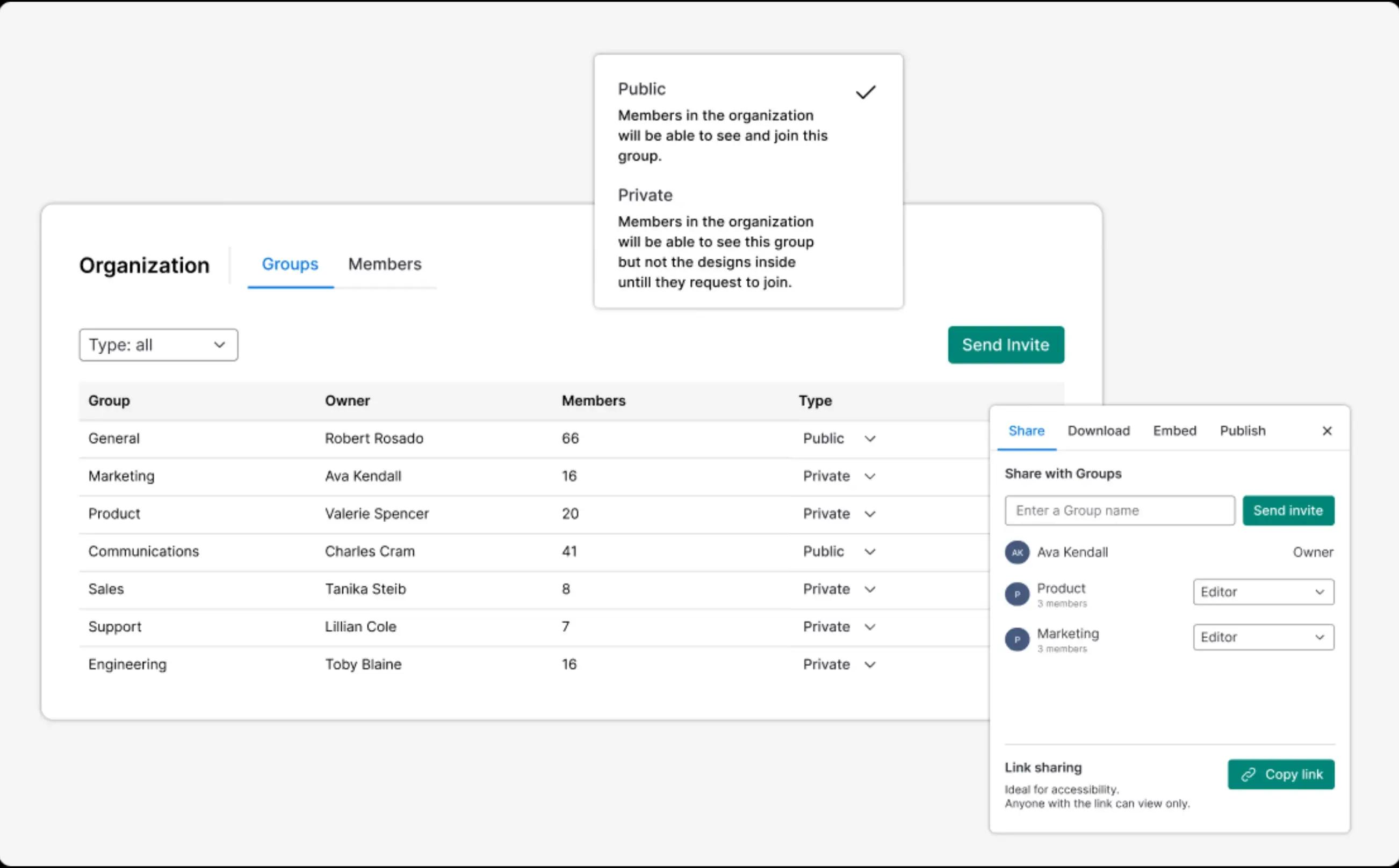 ميزات عرض Venngage Workspace Admin، بما في ذلك التحكم في خصوصية المجموعة ومشاركة التصميمات مع المجموعات وإضافة الأعضاء.